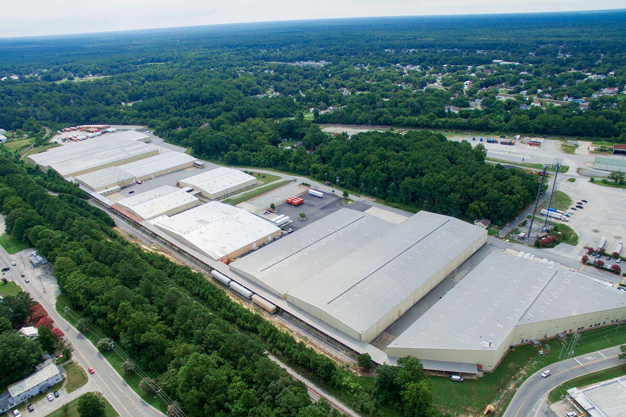 Aerial photo of Commonwealth's nine industrial warehouse buildings in Suffolk, VA